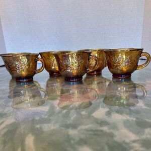 2 Indiana Glass Iridescent Gold Carnival Glass Harvest Grape Punch Bowl Mugs